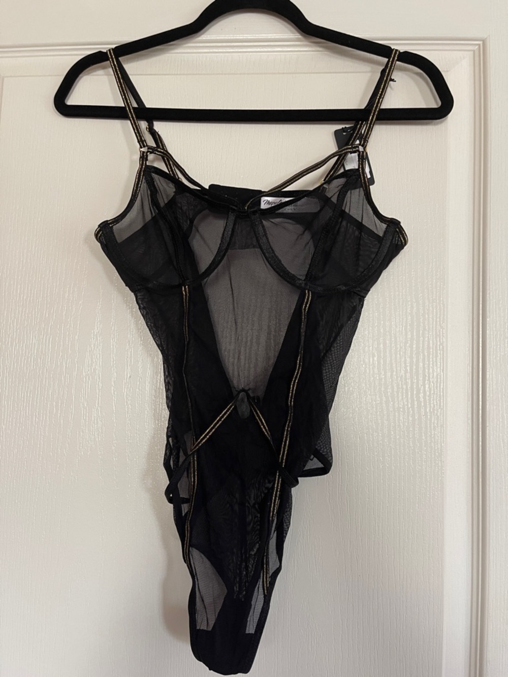 NWT Sheer Black Strappy Mesh Bodysuit